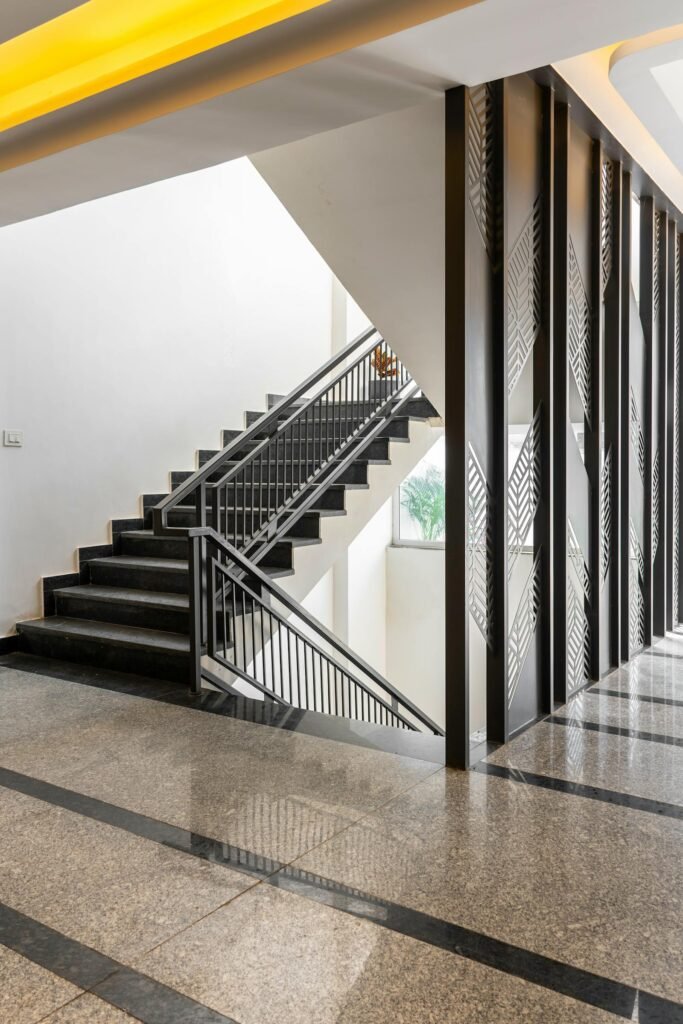 Sweeping stair of a brutalist concrete museum